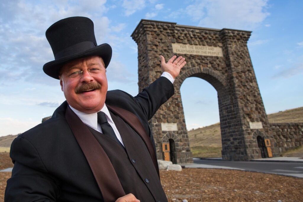 Joe Wiegand as Theodore Roosevelt, welcoming visitors at the Roosevelt Arch